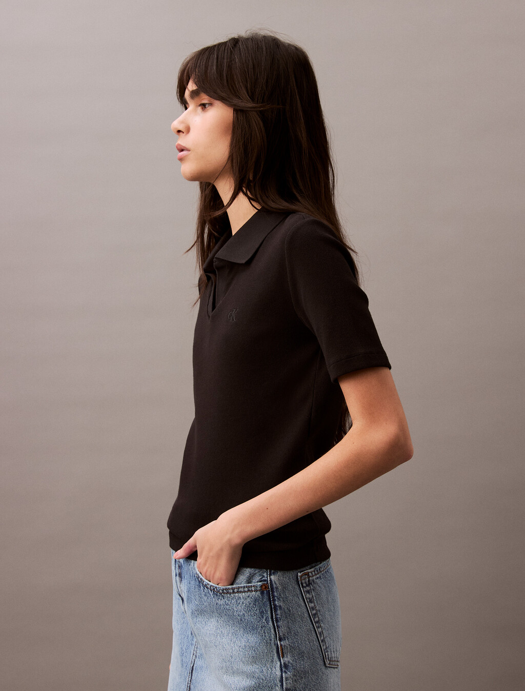 基本款修身 V 領 Polo 衫, Black, hi-res