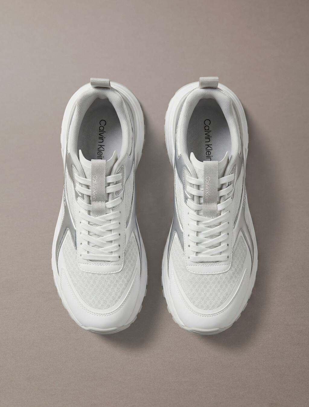 Knit and Metallic Runner Trainers, Bright White/Silver/Light Grey, hi-res