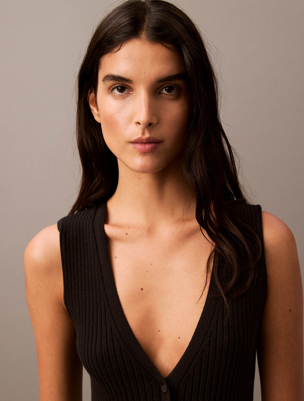 Rib Knit Sleeveless V Neck Polo Dress, Black, hi-res