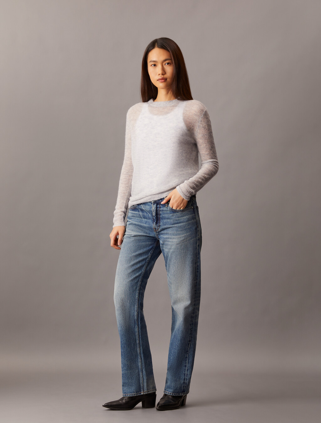 Sheer Alpaca Fine Gauge Crewneck Sweater, Executive Blue, hi-res