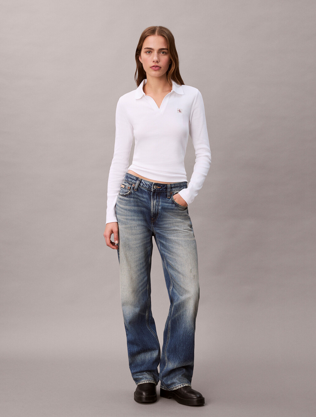 Woven Monologo Rib Collared Top, Brilliant White, hi-res