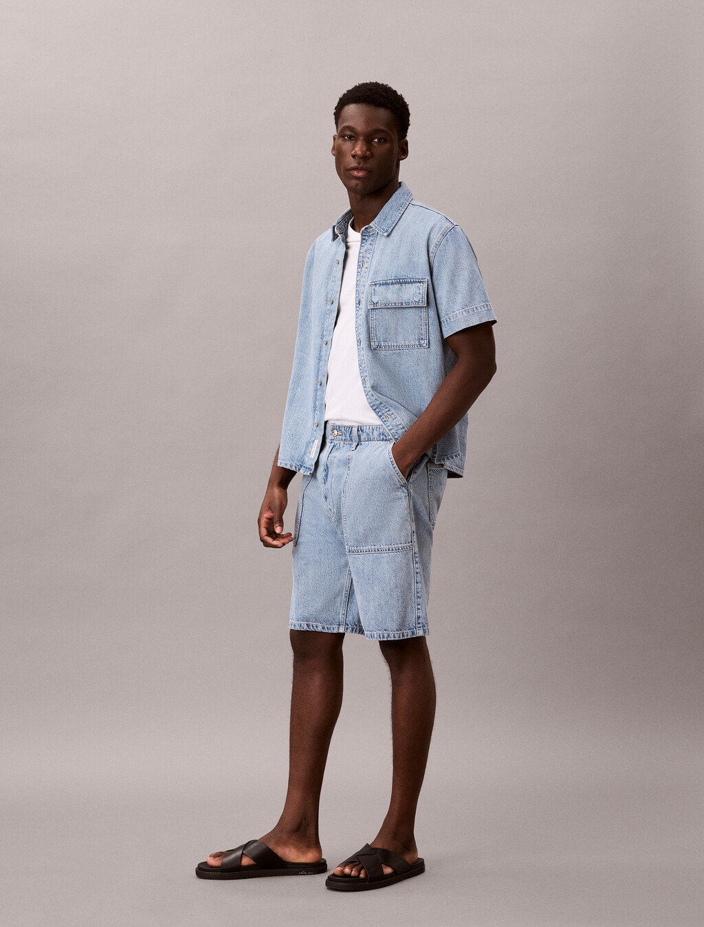 Cotton Linen Denim Shorts, SHALLOW TIDE, hi-res