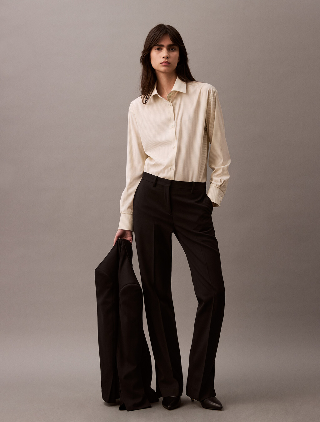Relaxed Wool Blend Button-Down Shirt, Ivory / Charcoal #0021, hi-res