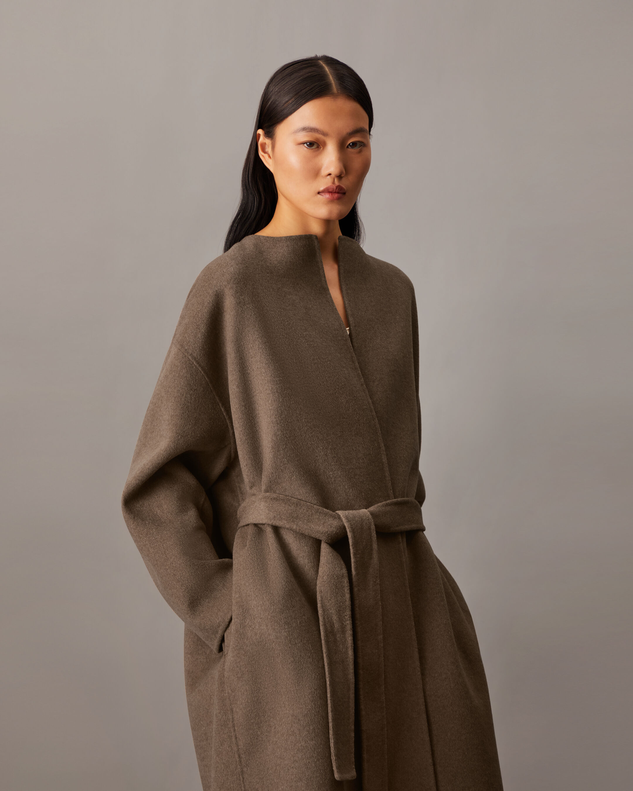 Cashmere Wool Blend Collarless Wrap Coat | yellow | Calvin Cashmere Wool Blend Collarless Wrap Coat | yellow | Calvin