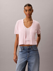 Cotton Knit Short Sleeve Twin Set, Cradle Pink, hi-res