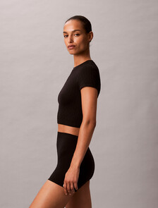 羅紋徽章無縫睡衣上衣, Black, hi-res