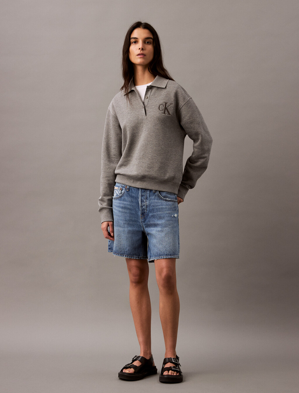 棉質莫代爾抓絨 Polo 衫, Med Grey Heather, hi-res