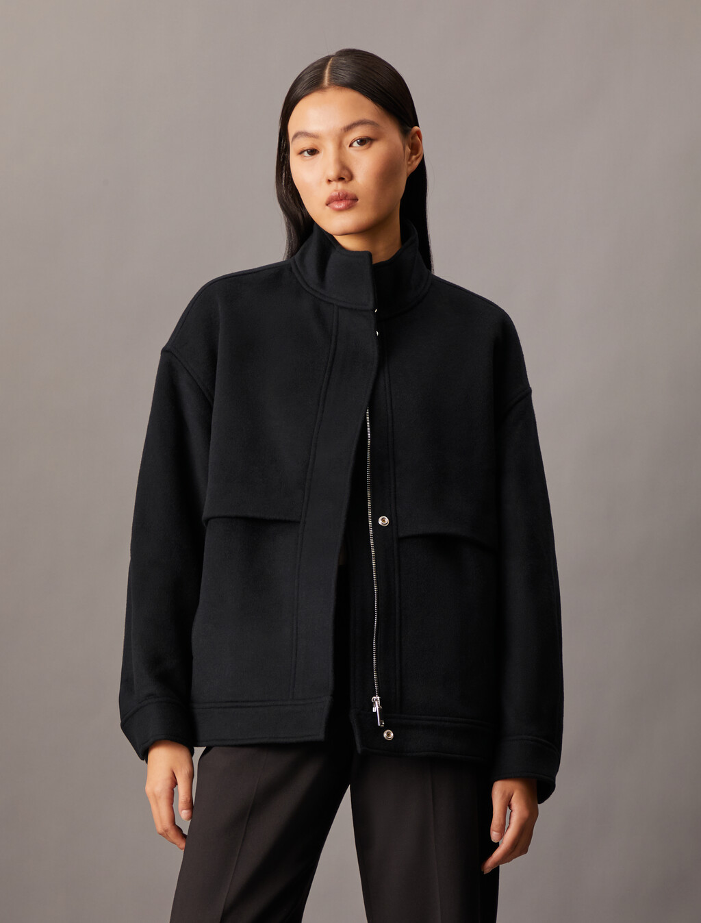 Cashmere Wool Blend Short Bomber Jacket, Black Beauty, hi-res