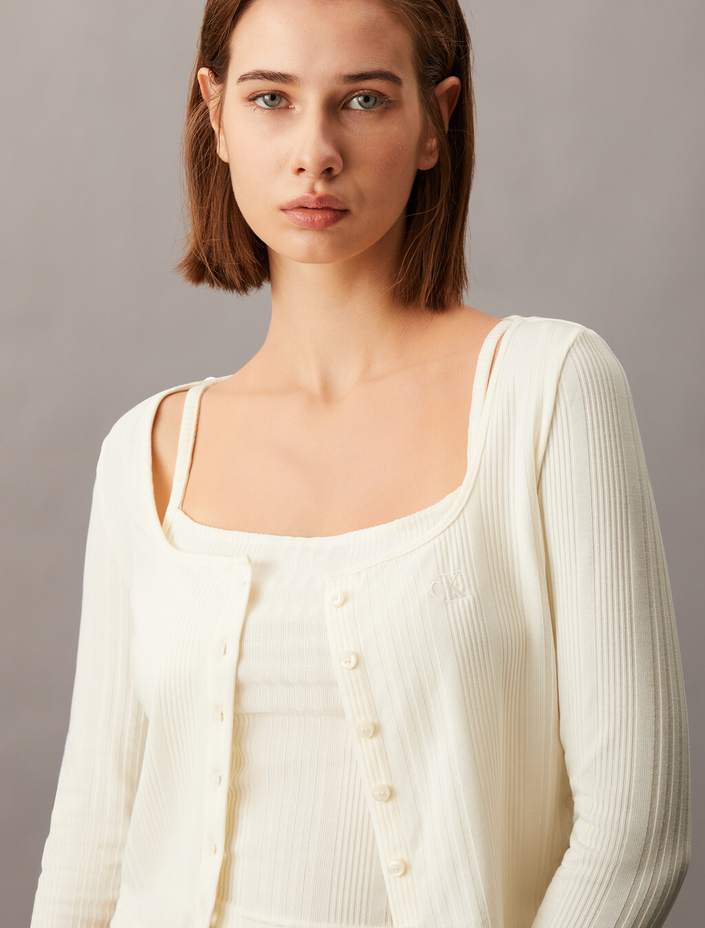 2 in 1 Rib Knit Slim Cardigan, Ivory, hi-res