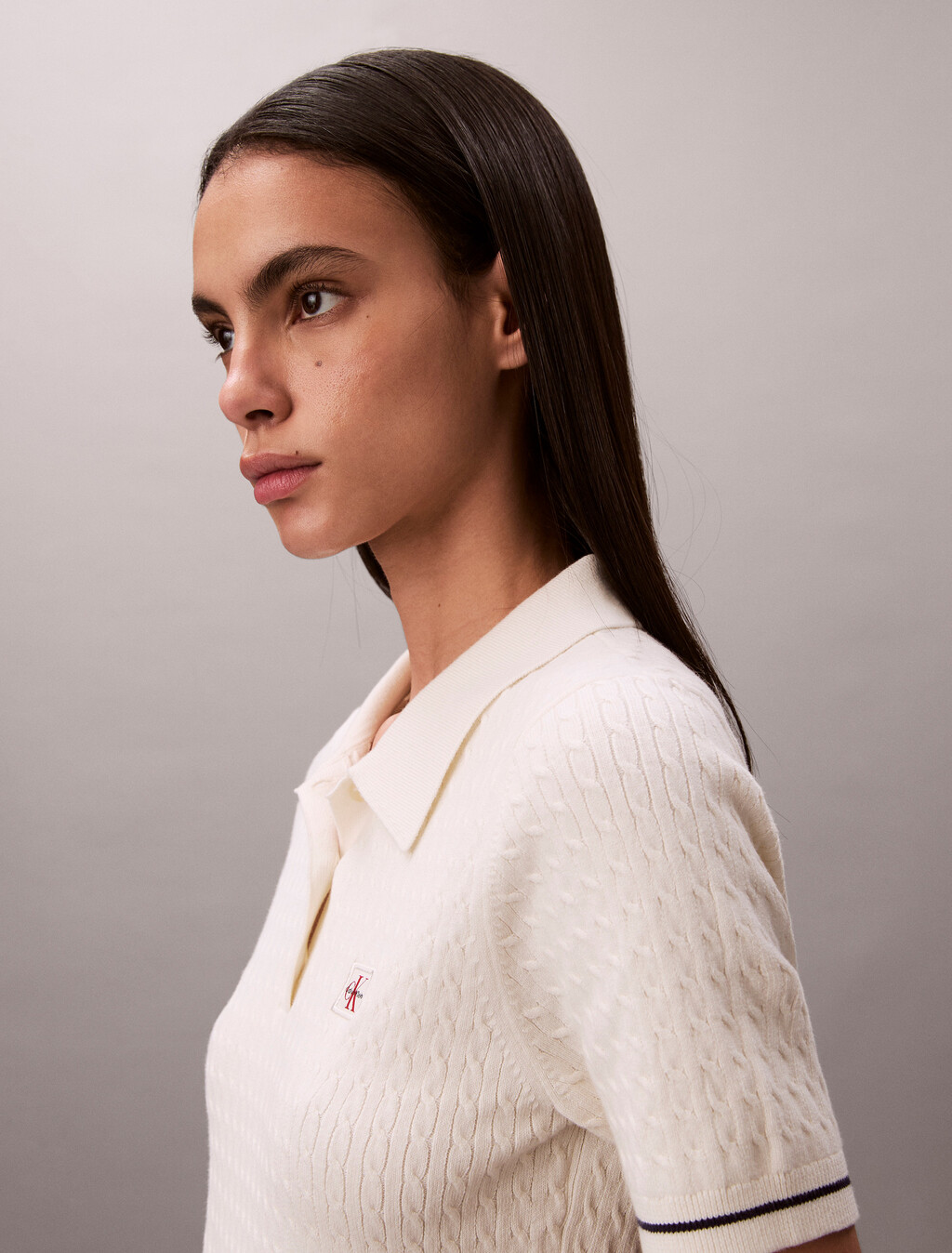 精細絞花針織 Polo 迷你洋裝, Tofu, hi-res