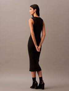Rib Knit Sleeveless V Neck Polo Dress, Black, hi-res