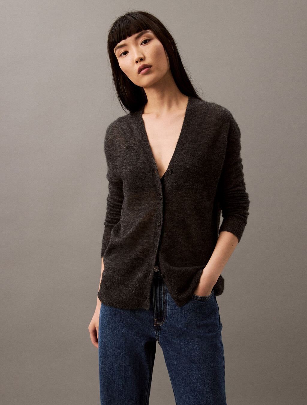 透視羊駝毛開襟外套, B85 Gun Metal Heather, hi-res