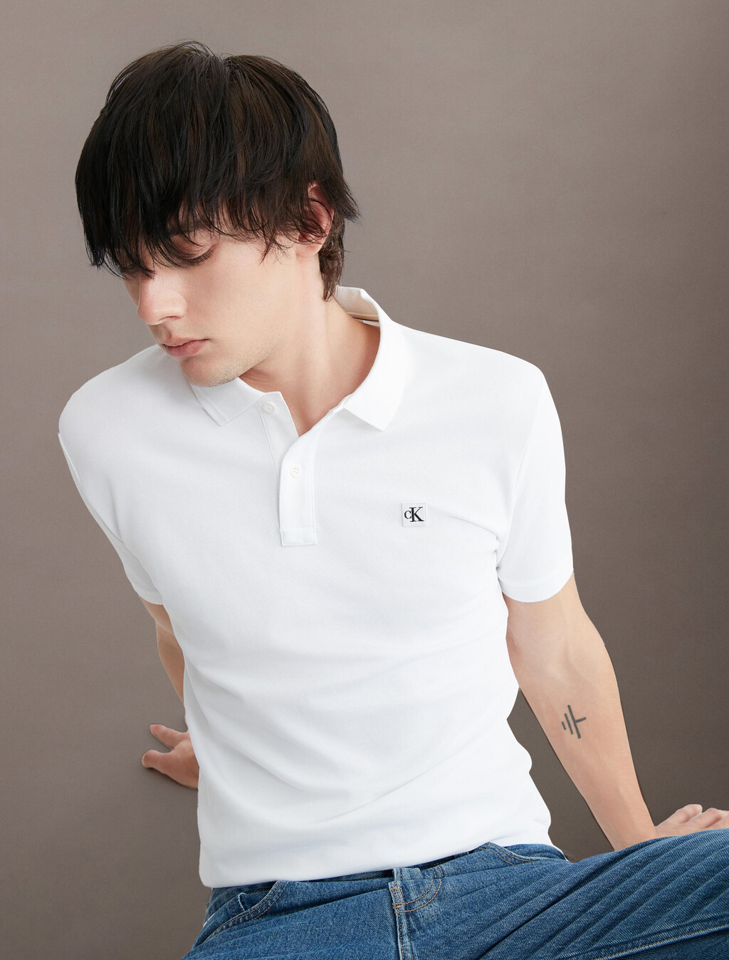 Ck 徽章修身光滑棉質 Polo 衫, Bright White, hi-res