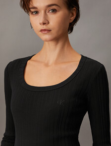 Boat Neck Rib Knit Slim Top, Ck Black, hi-res