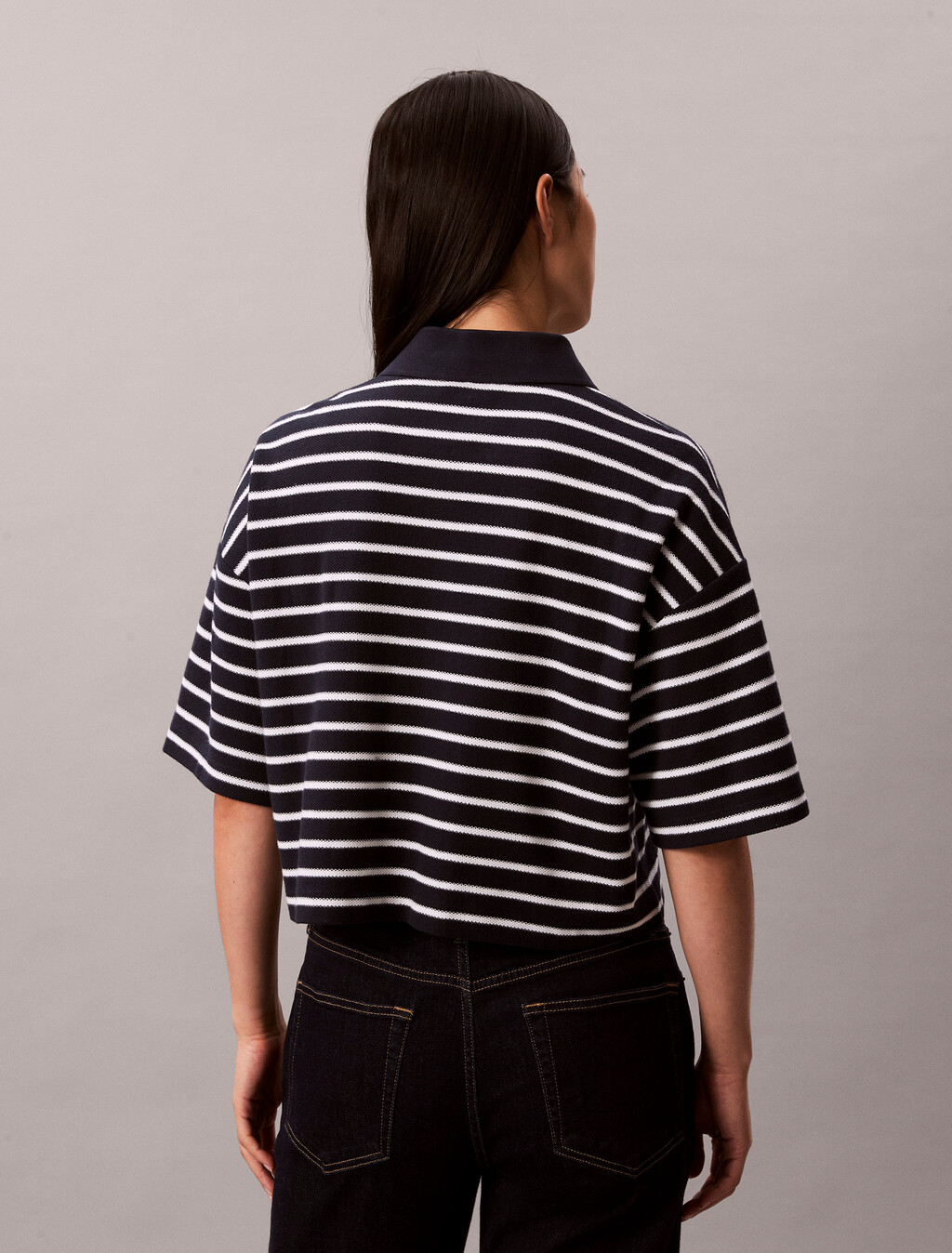Stripe Cotton Pique Cropped Polo, Dark Sapphire, hi-res