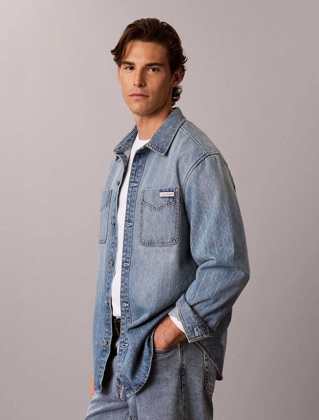 90s Relaxed Logo Denim Overshirt, BOULEVARD BLUES, hi-res