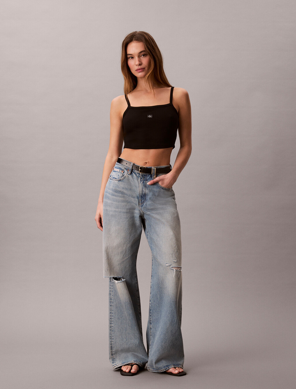 短版羅紋針織棉質背心, Black, hi-res