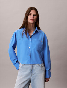 Cropped Cotton Poplin Shirt, Marina, hi-res