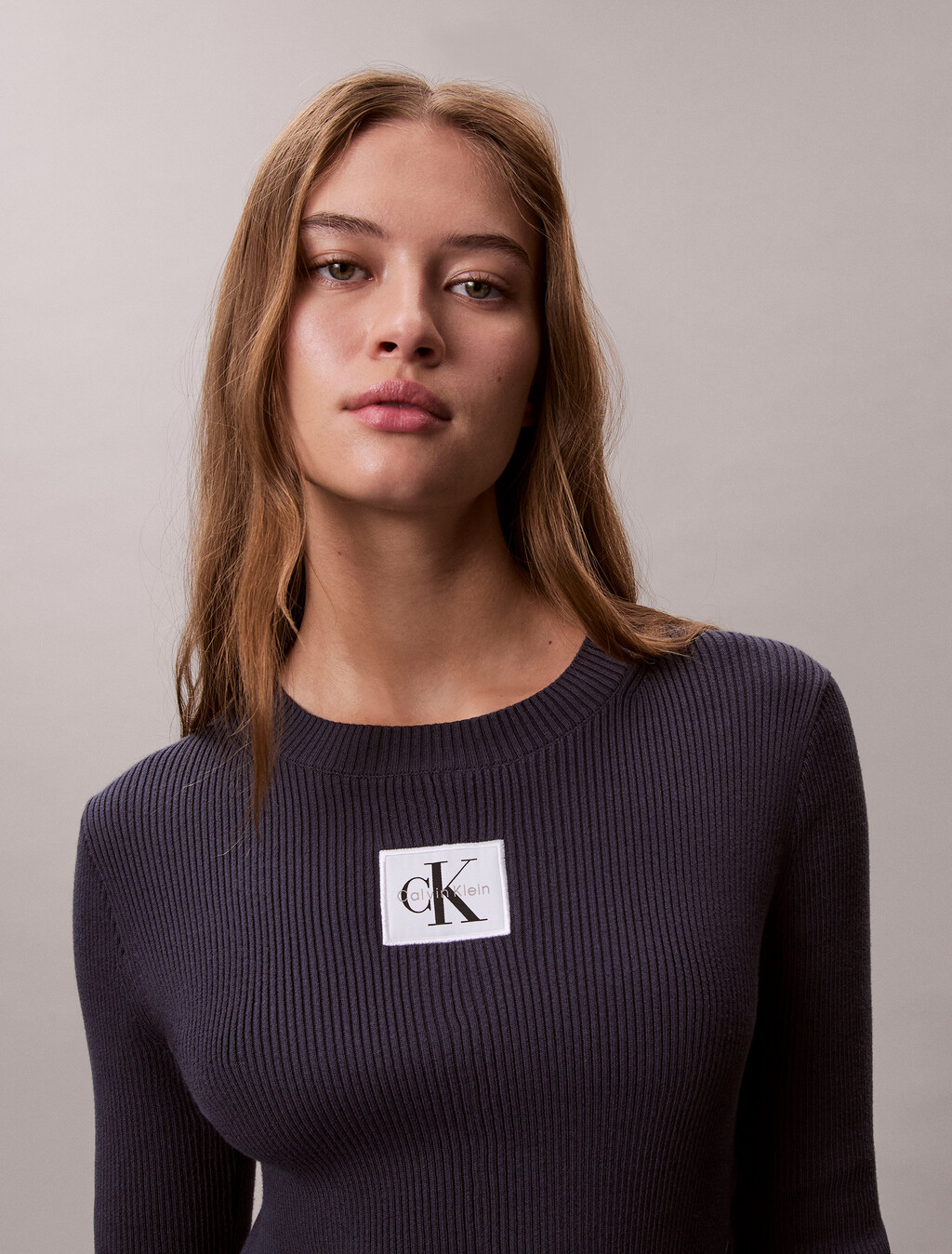 棉質針織長袖迷你連身裙, Inkwell, hi-res