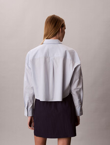 Cropped Cotton Poplin Stripe Shirt, Breezy Blue Three Color Refined Stripe, hi-res