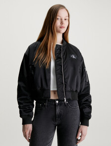 Cropped Satin Bomber Jacket, Ck Black, hi-res