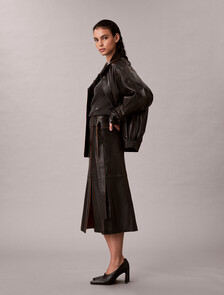 皮革中長裹身裙裝, Black, hi-res