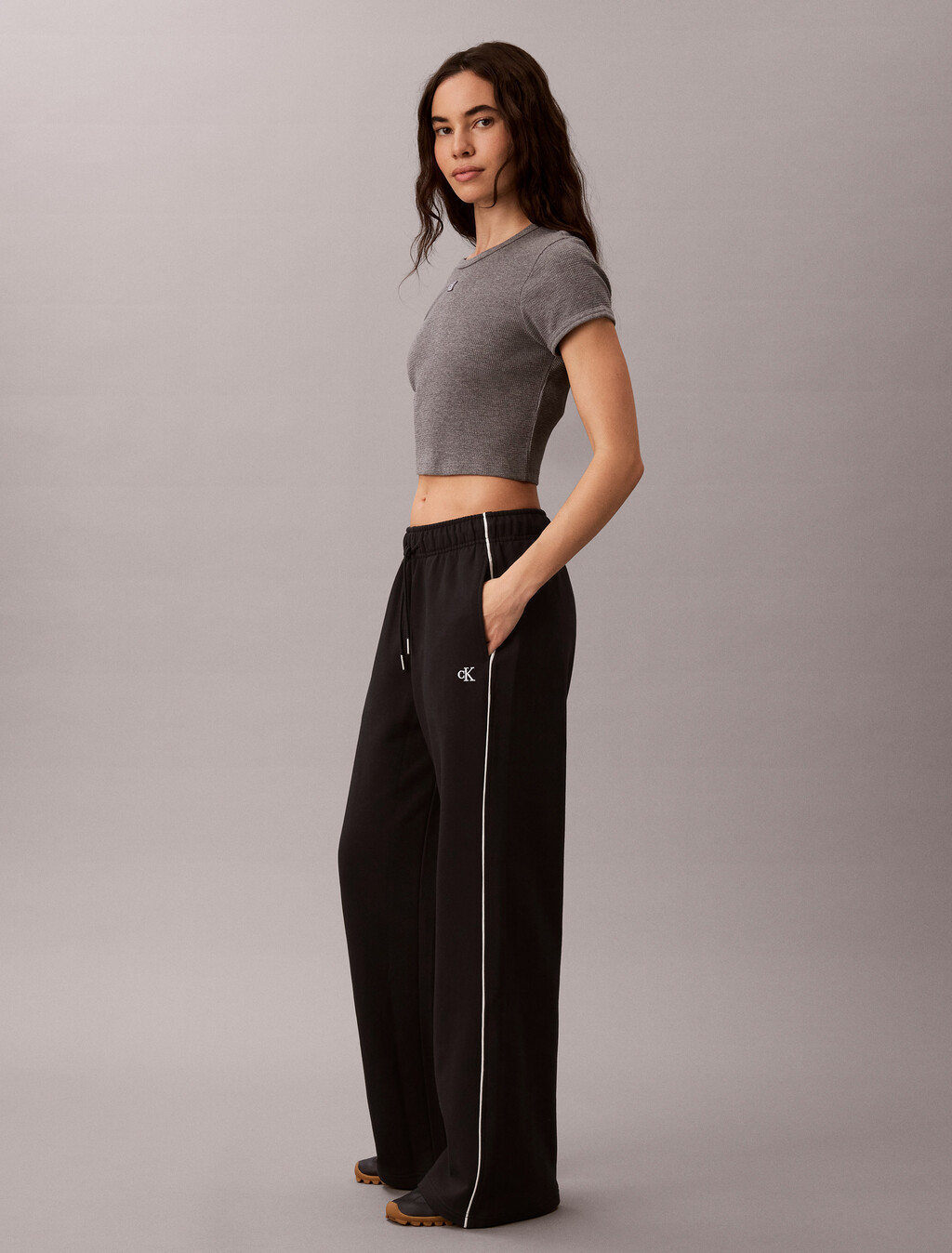 Monogram Cotton Terry Contrast Piping Pant, Black, hi-res