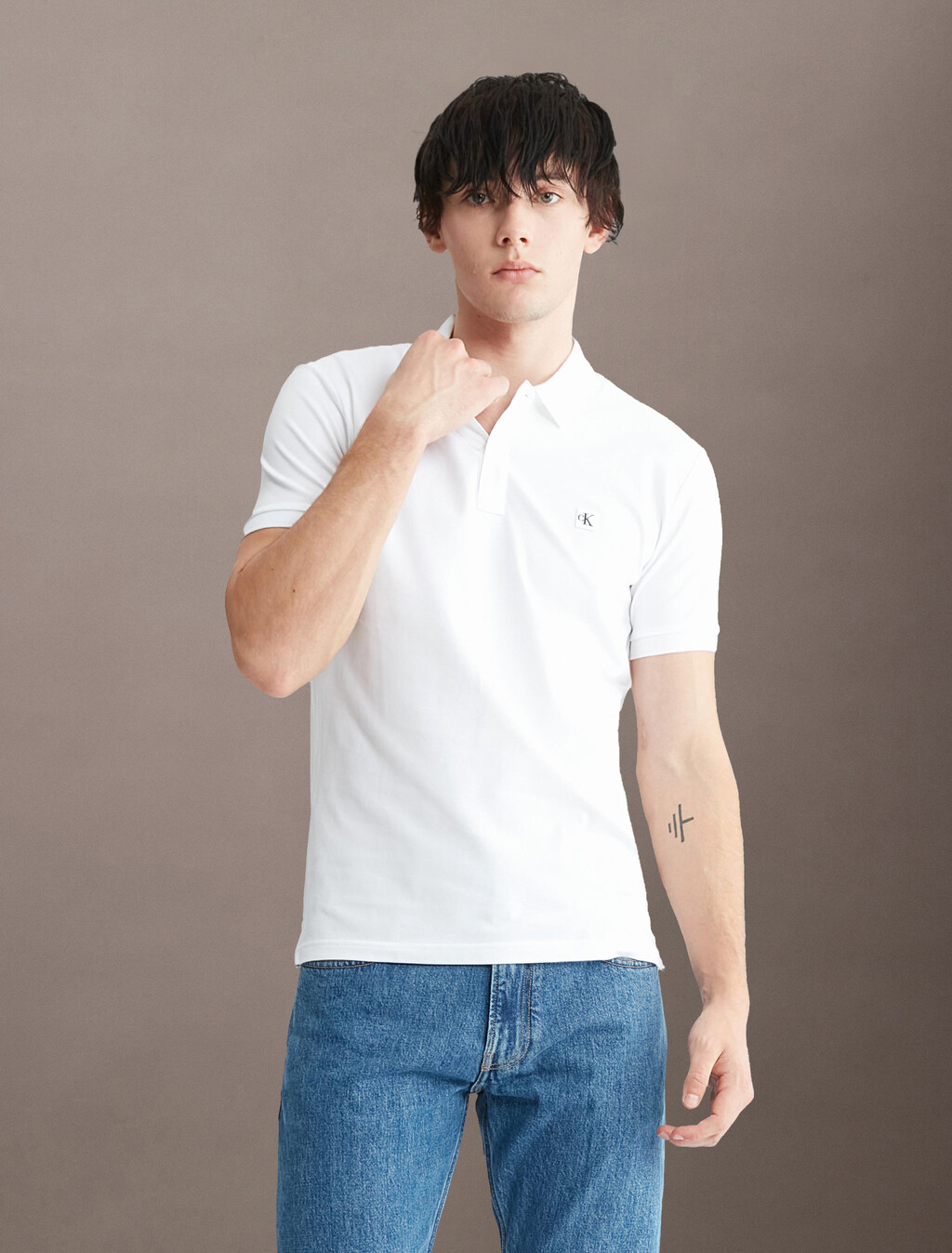 Ck 徽章修身光滑棉質 Polo 衫, Bright White, hi-res