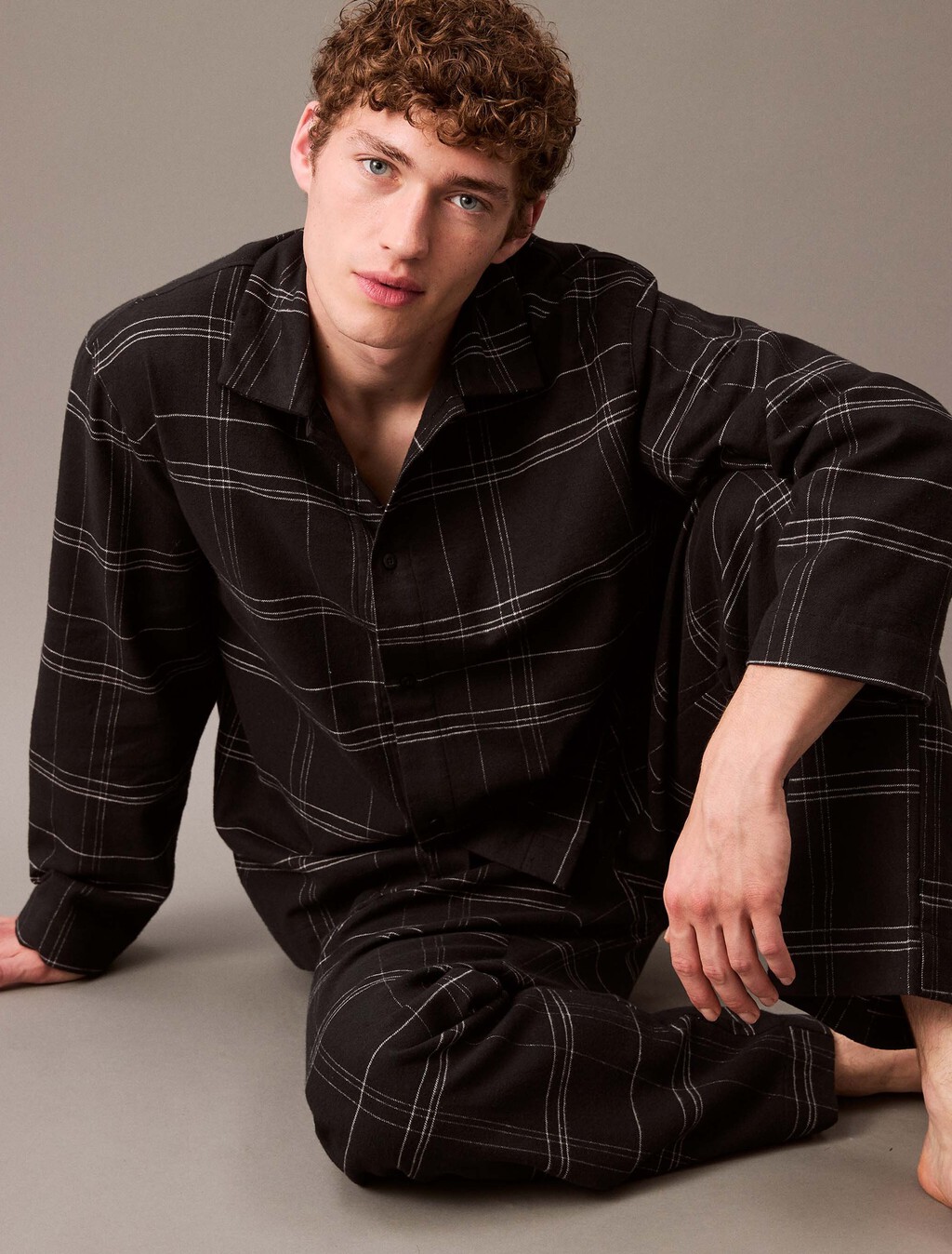 法蘭絨睡裝鈕扣襯衫, 17770 BEAM PLAID+BLACK, hi-res