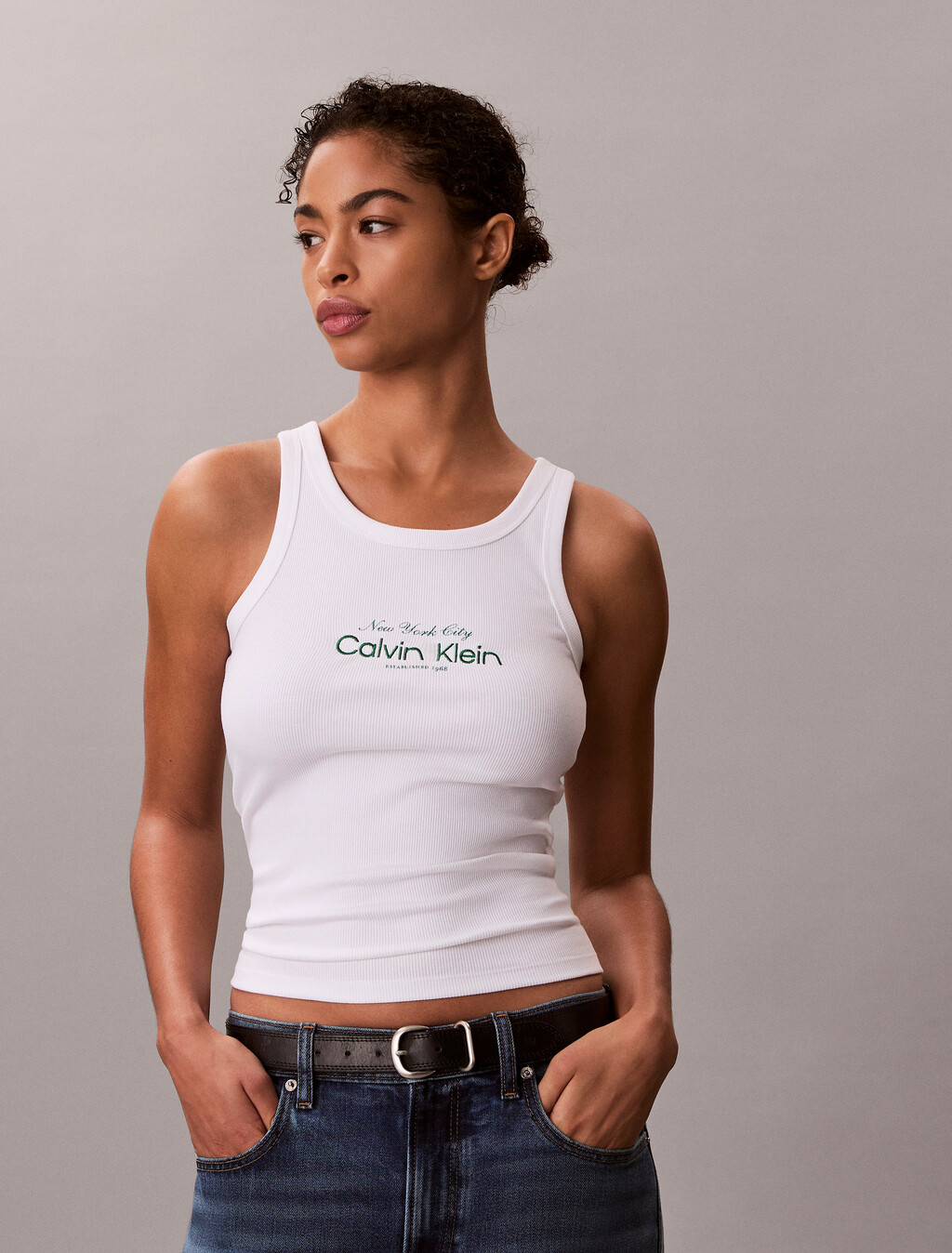 修身羅紋棉質背心, Bright White, hi-res