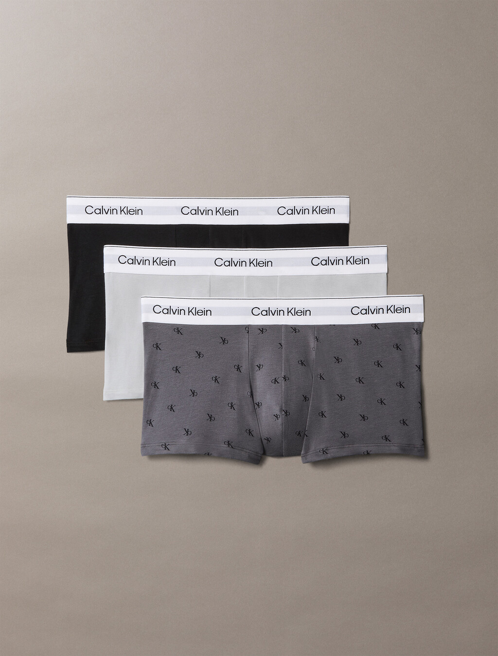 3 Pack Low Rise Trunks - Icon Cotton Stretch, BLACK / DIAMOND LOGO TORNADO / HARBOR MIST W/ WHIT, hi-res