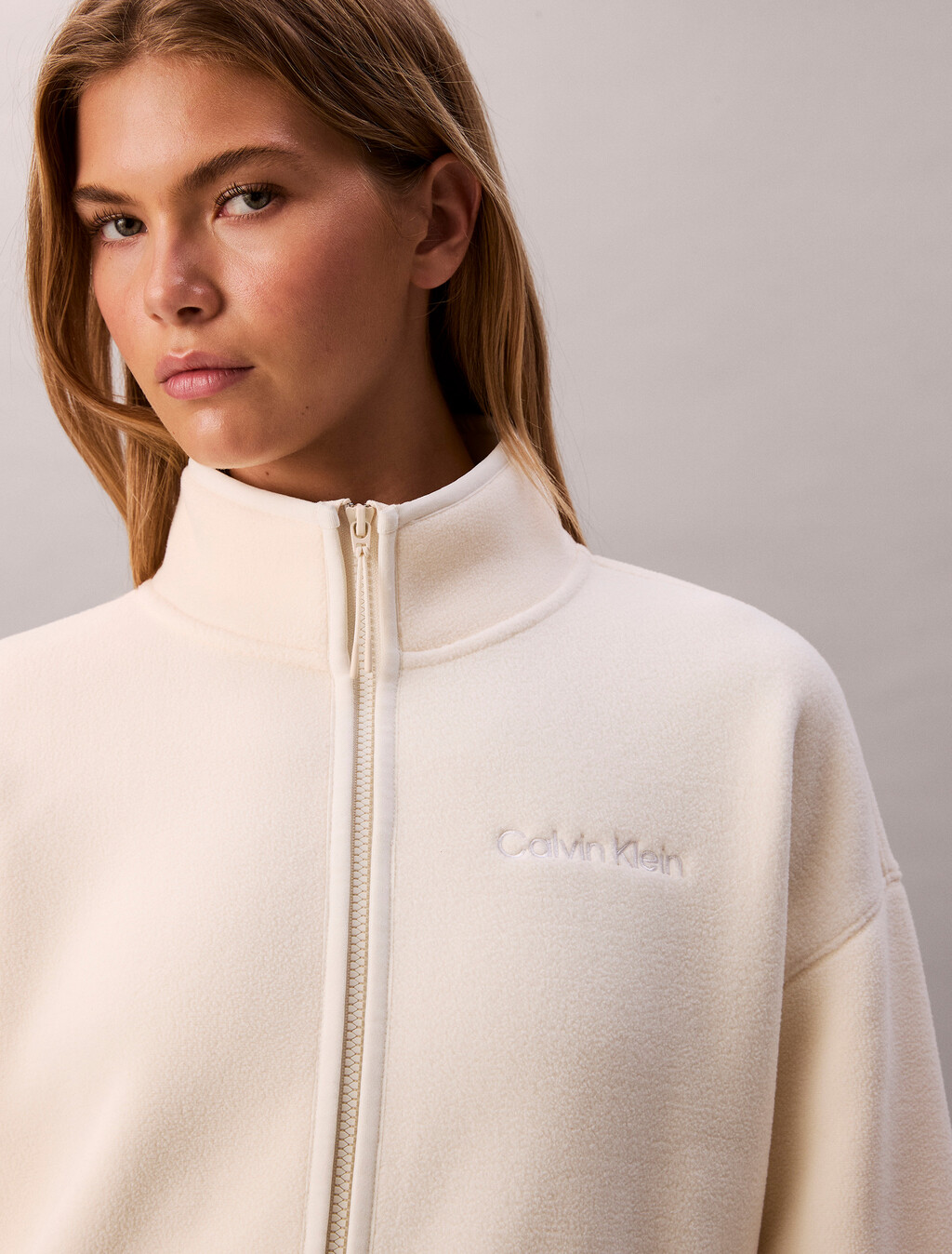 Fleece Relaxed Mock Neck Jacket, Antique White, hi-res