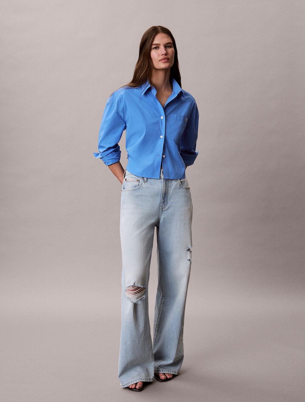 Cropped Cotton Poplin Shirt, Marina, hi-res
