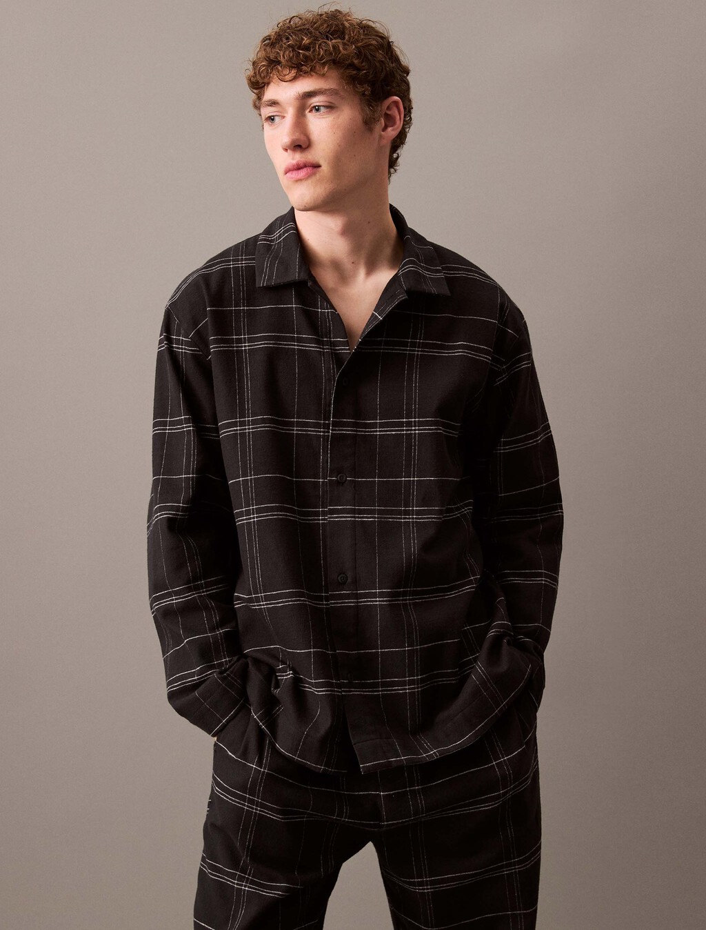 法蘭絨睡裝鈕扣襯衫, 17770 BEAM PLAID+BLACK, hi-res