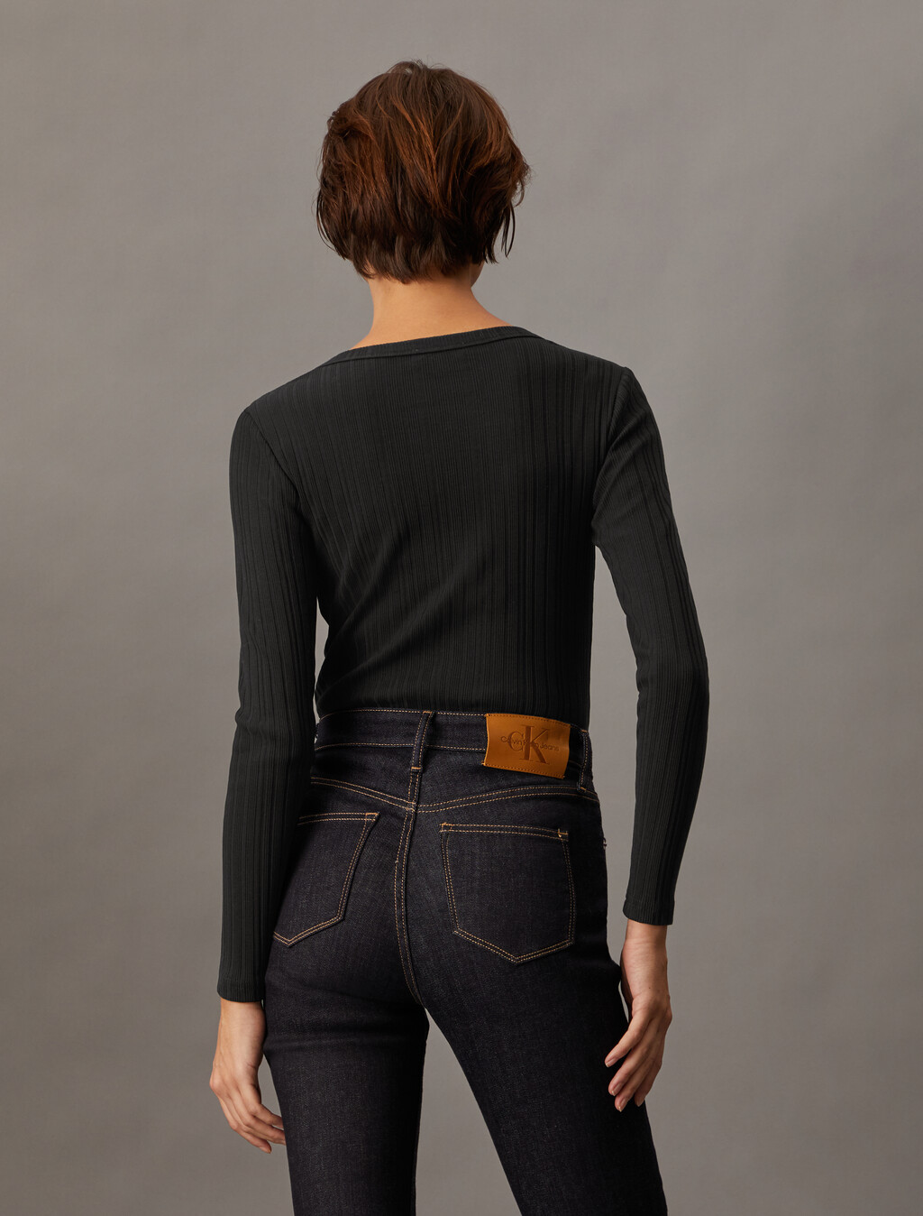 Boat Neck Rib Knit Slim Top, Ck Black, hi-res