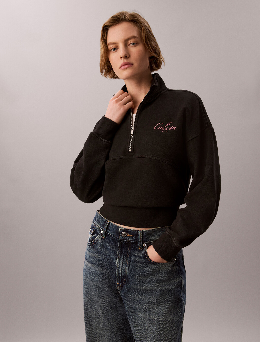 Relaxed Quarter Zip Sweatshirt, Black, hi-res