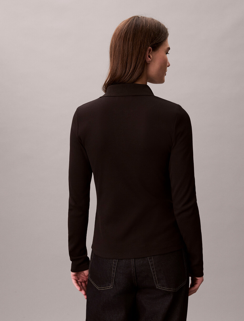 Woven Monologo Rib Collared Top, Black, hi-res