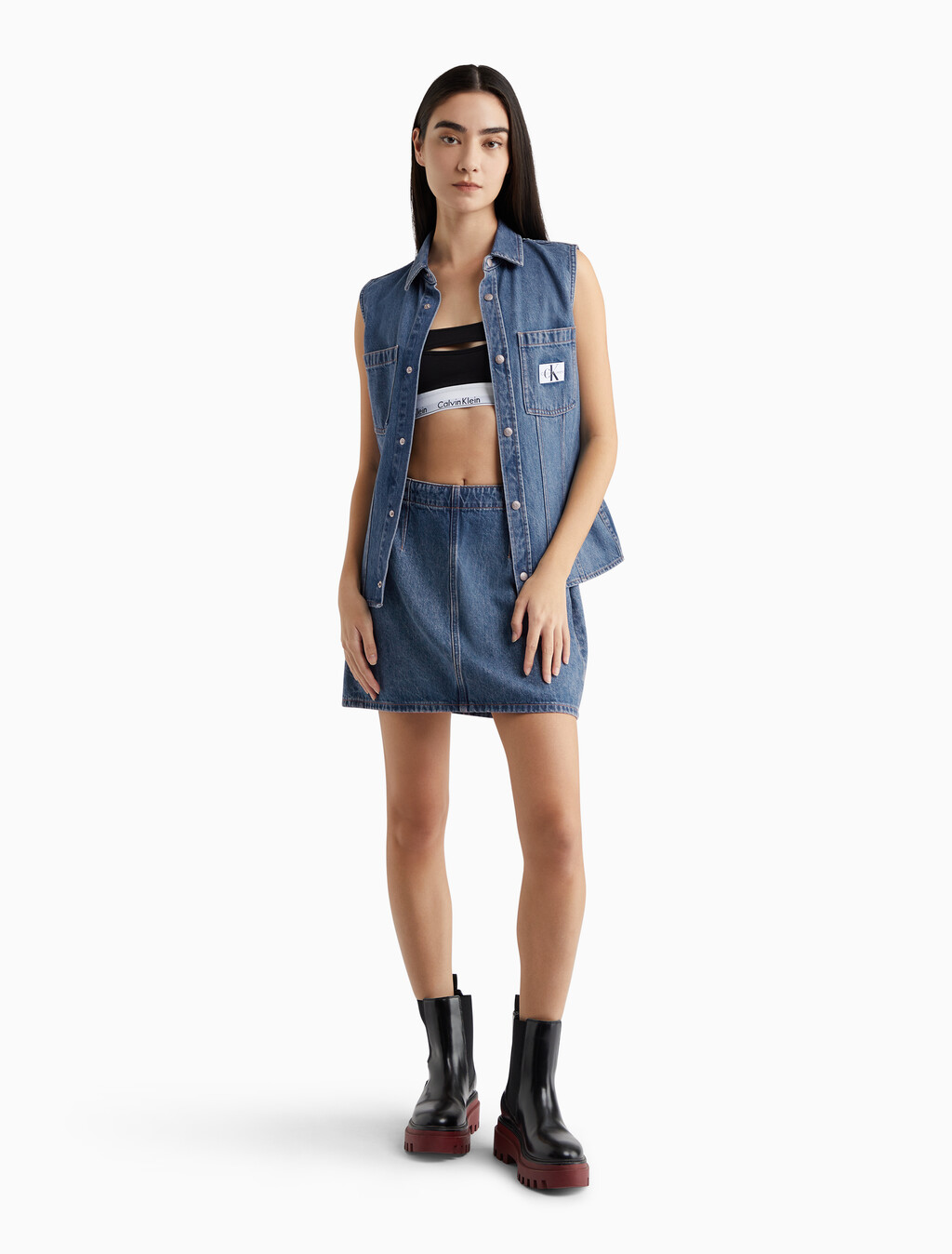 Sleeveless Denim Shirt, 051B STONE MID, hi-res