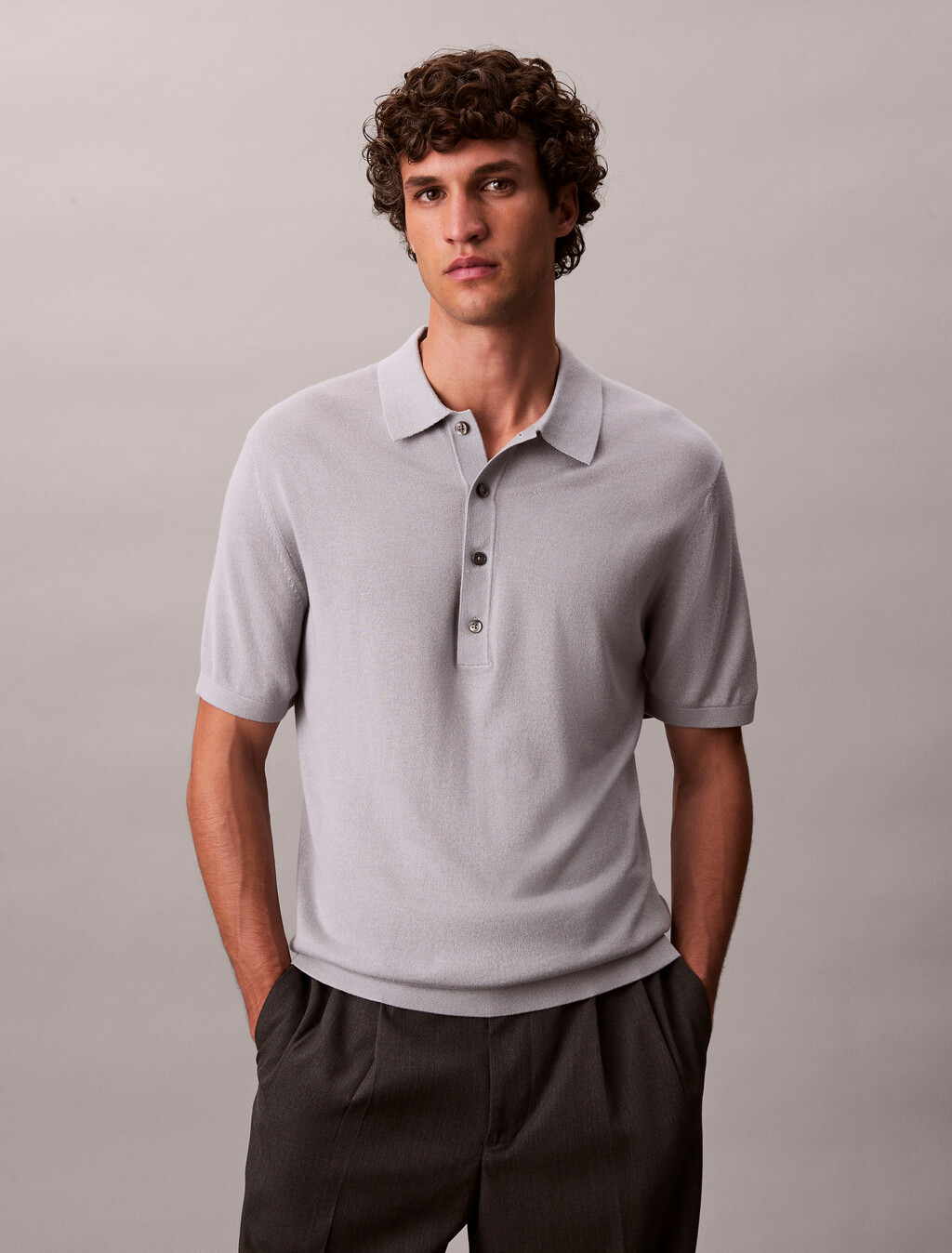 絲質山羊絨 Polo 毛衣, Gray Marble, hi-res