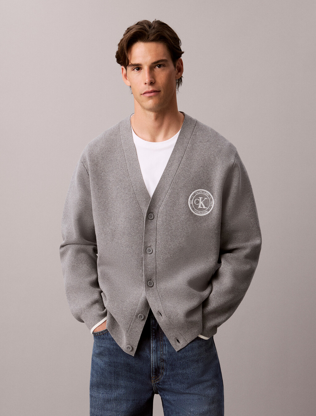 Varsity Logo Cardigan, Medium Grey Htr, hi-res