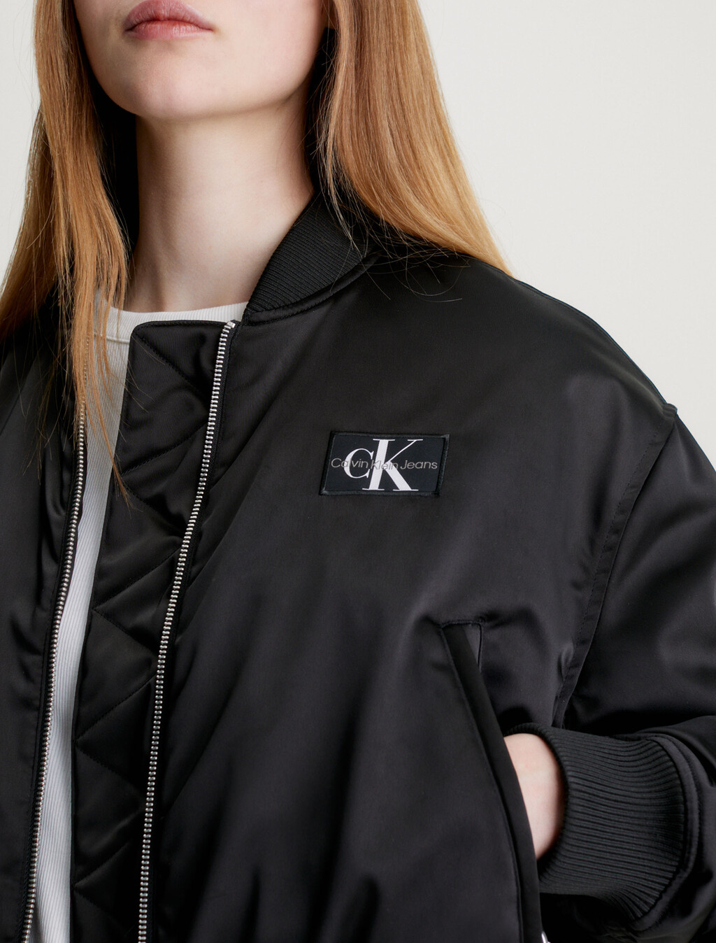 Cropped Satin Bomber Jacket, Ck Black, hi-res