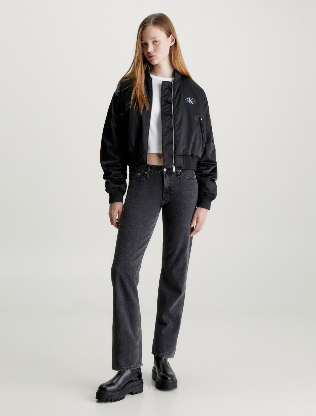 Cropped Satin Bomber Jacket, Ck Black, hi-res
