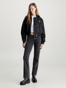 Cropped Satin Bomber Jacket, Ck Black, hi-res