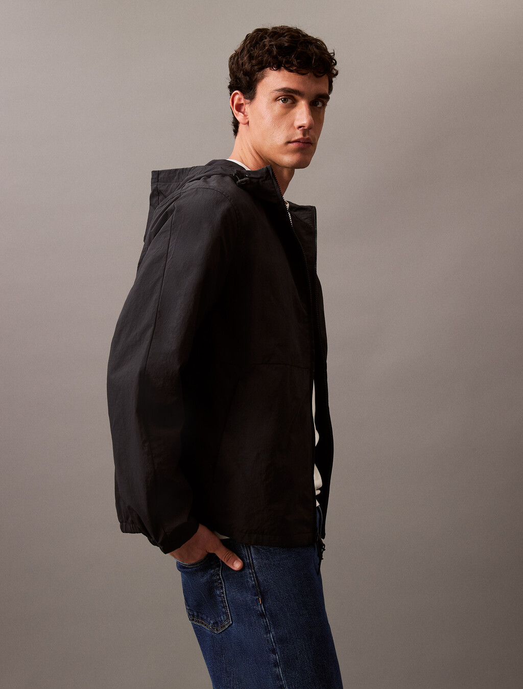 Crinkle Nylon Hooded Windbreaker Jacket, Black Beauty, hi-res