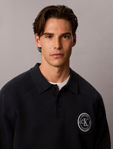 Cotton Knit Varsity Polo Jumper, Dark Sapphire, hi-res