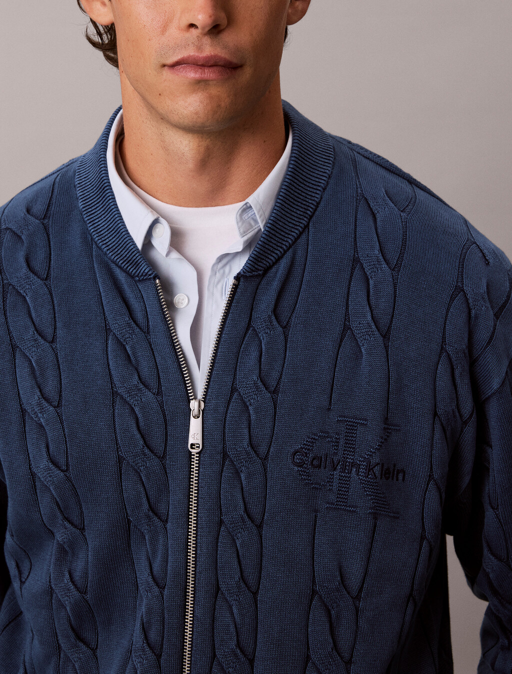 Garment Dye Cable Knit Jacket, Pageant Blue, hi-res