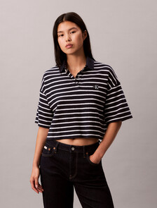 Stripe Cotton Pique Cropped Polo, Dark Sapphire, hi-res