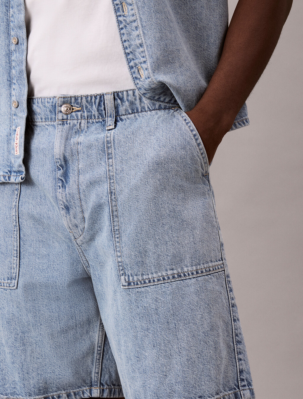 Cotton Linen Denim Shorts, SHALLOW TIDE, hi-res