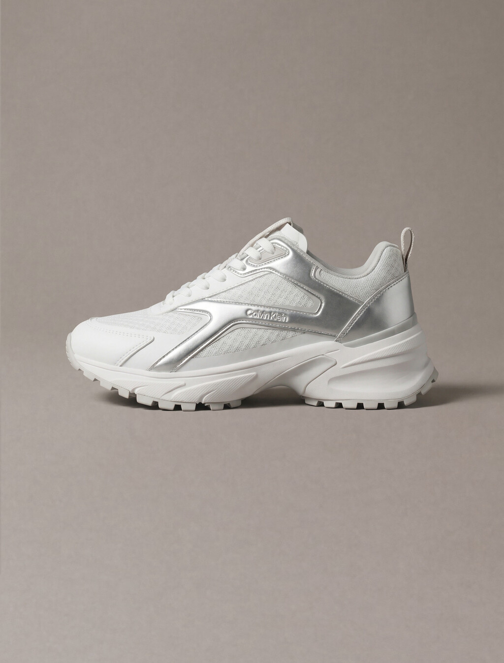 Knit and Metallic Runner Trainers, Bright White/Silver/Light Grey, hi-res
