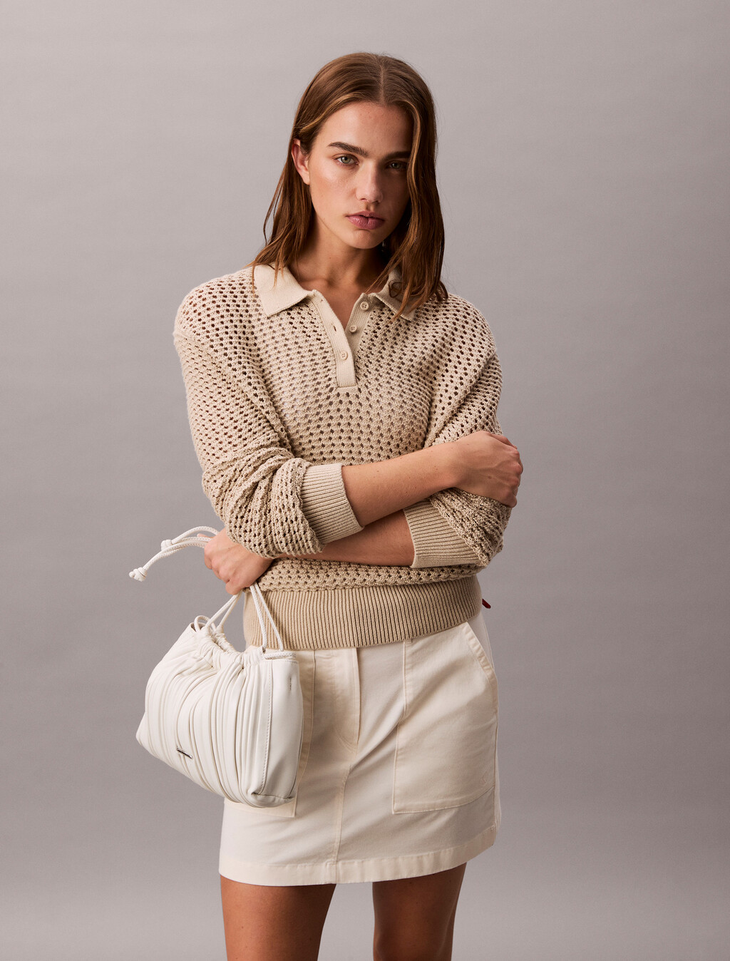 Drawstring Plisse Crossbody Bag, Lily White, hi-res